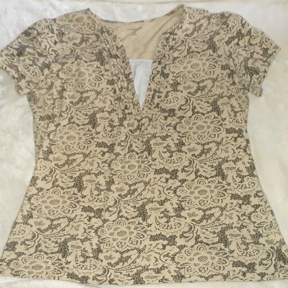 CROFT & BARROW TOP SHORT SLEEVE RUCHED BEIGE/BROWN FLORAL-WOMENS PLUS SIZE 1X